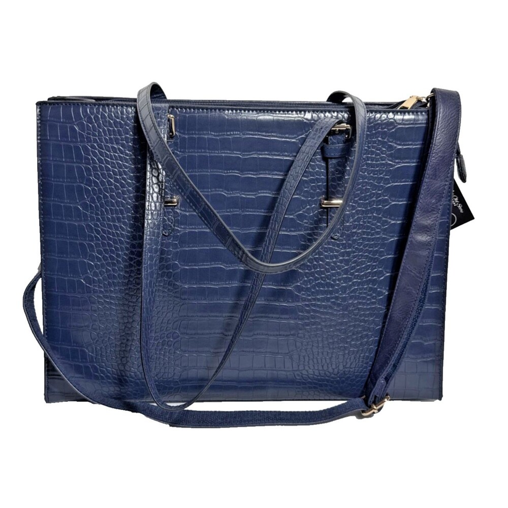 Laptop Attache' Carry Purse 15.6" Tote Bag Faux Croc Leather Dark Blue